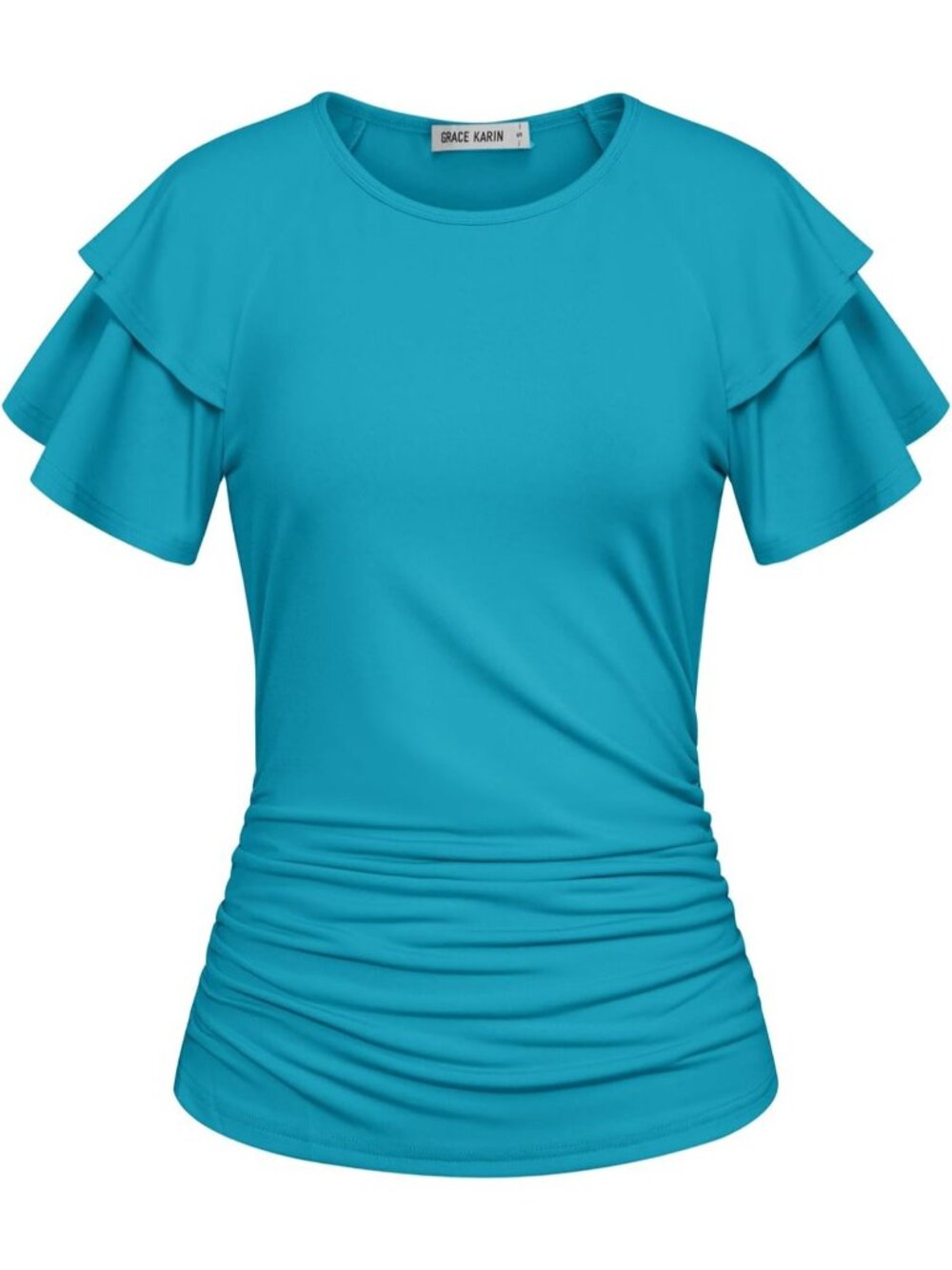 Womens T Shirt Peacock Blue Polyester Crew Neck Casual Wrap Blouse Ruffle Sleeve